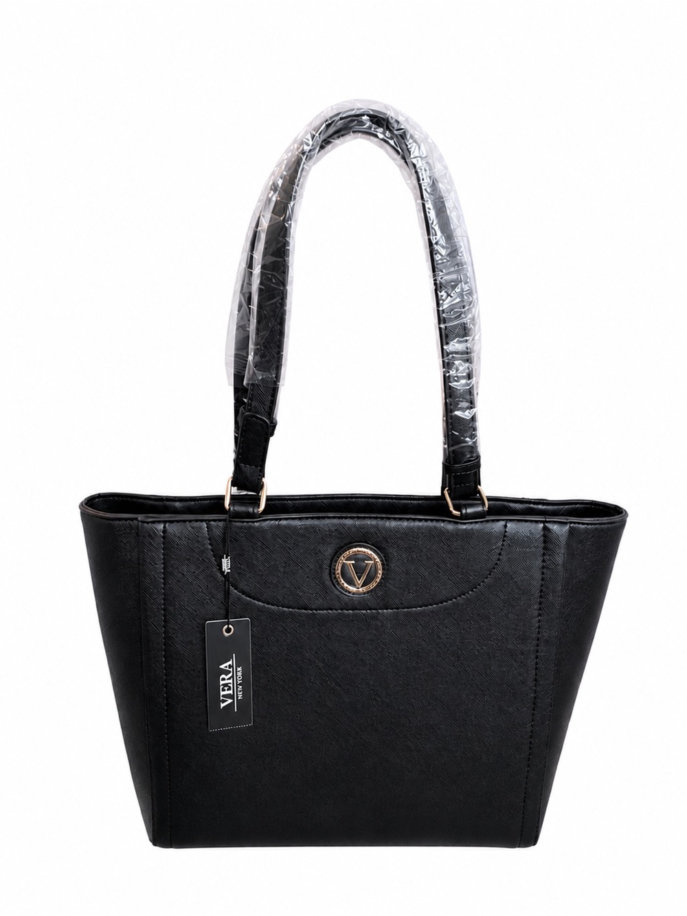 NWT Vera New York Jetta Tote Black Structured Shoulder Bag with Gold Logo